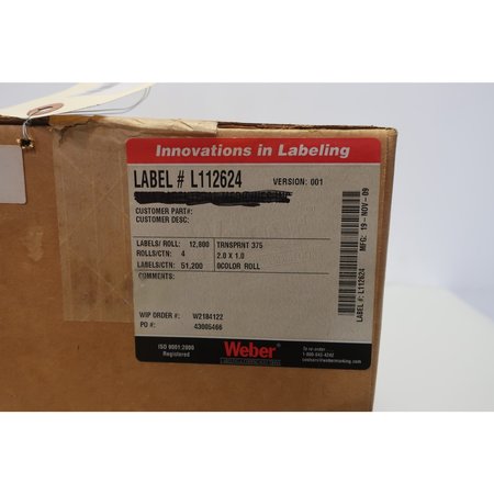Weber 2In X1In White Printer Label Roll L112624